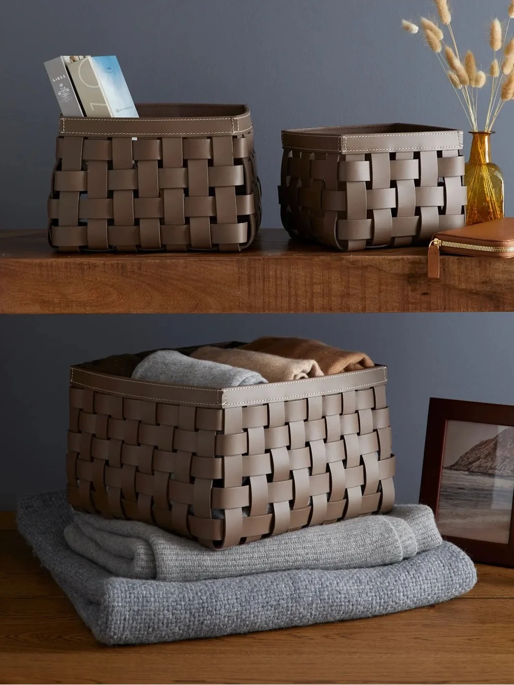 QUINCE Recycled Woven Leather Baskets (set of 3) Brown